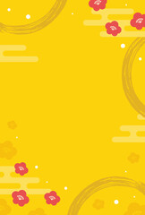 年賀状背景素材、背景黄色の梅の花の模様縦長サイズ