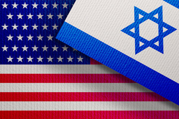 International relations. National flags of Israel and USA on textured surface