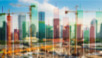 blurred of Japanese candlestick trading graph chart double exposure with building under contruction...