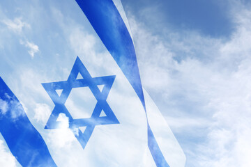 National flag of Israel and blue sky with clouds, double exposure - obrazy, fototapety, plakaty