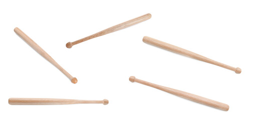 Many different wooden baseball bats isolated on white, set