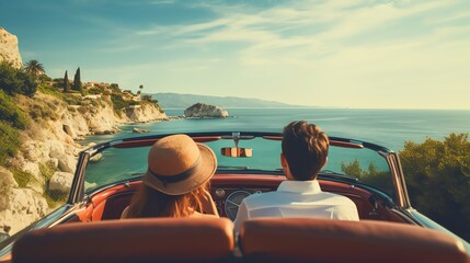 View from the back of the cabriolet car that is driving along the beach. Cute couple in love on vacation. AI generated image - obrazy, fototapety, plakaty