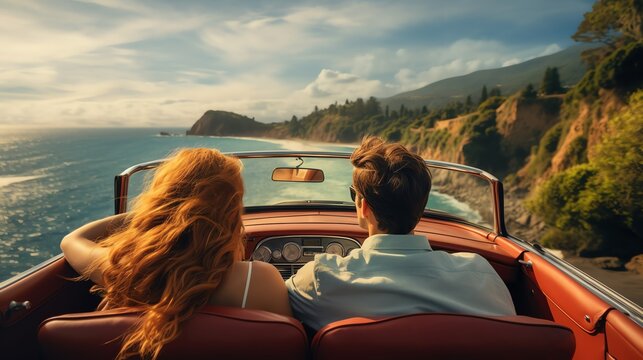 View from the back of the cabriolet car that is driving along the beach. Cute couple in love on vacation. AI generated image