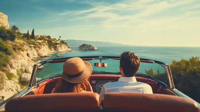 View from the back of the cabriolet car that is driving along the beach. Cute couple in love on vacation. AI generated image
