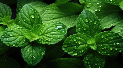 Green mint leaves with water drops background. Ecology natural concept. Top view.