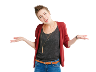 Isolated woman, open hand and confused in portrait for choice, options and review by transparent png background. Girl, fashion and why with palm for decision, doubt and questions in trendy clothes