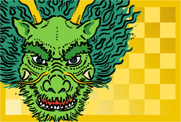 Obraz premium 金色の市松模様と龍のイラストの年賀状【辰年・はがきテンプレート】