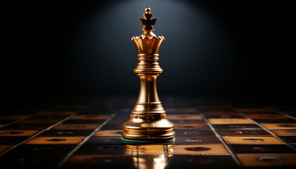 Close up the golden queen chess piece standing alone on a chessboard on dark background. Leader, influencer, lonely, commander, strong, and business strategy concept. Game business