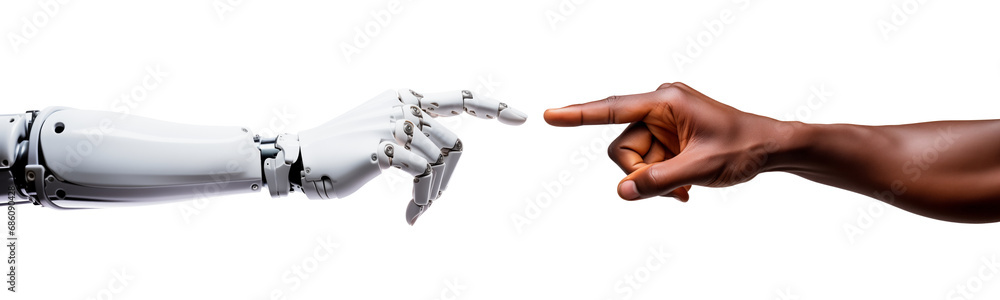 Wall mural robot and human hand touching their index finger, gesture isolated on white background - concept abo