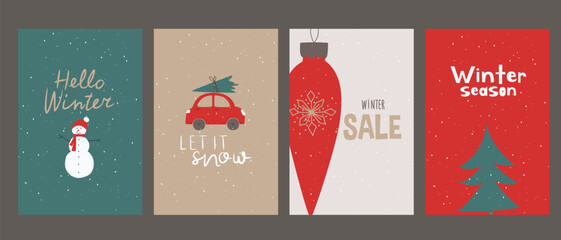 Naklejka premium Hello winter. Winter pictures. New Year cards. A set of postcards on Christmas and New Year themes. Merry people and Christmas 
