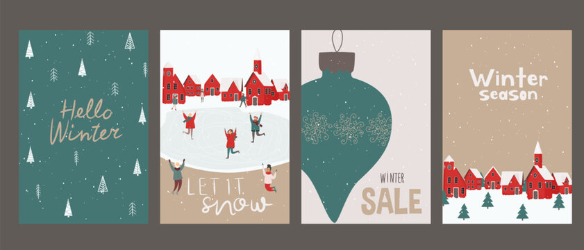 Hello winter. Winter pictures. New Year cards. A set of postcards on Christmas and New Year themes. Merry people and Christmas 