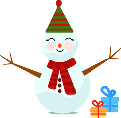 snowman with a Christmas gift  and  winter hat and red muffler .