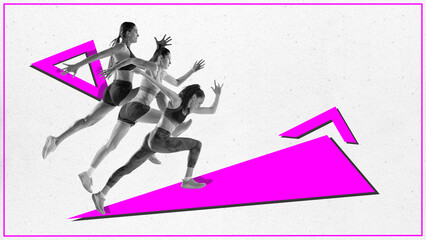 Contemporary art collage. Young women, fast jogger in monochrome filter take part in race against white background with triangles. Minimal design.