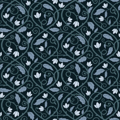 Vintage floral seamless pattern. Dark blue winter repeated vector background illustration. Elegant stylized antique botanical ornament with vines, flowers and leaves for wallpaper, fabrics, wrapping © Olya Haifisch