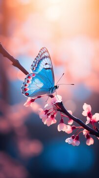 Beautiful blue butterfly sitting on the Pink blossom Sakura tree. AI generated image