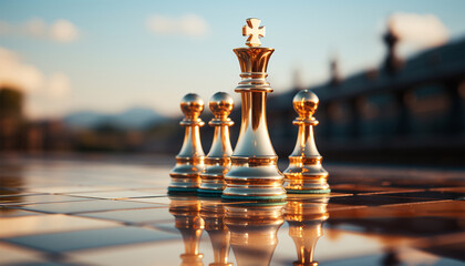 Close up the golden queen chess piece standing alone on a chessboard on dark background. Leader, influencer, lonely, commander, strong, and business strategy concept. Game business - obrazy, fototapety, plakaty