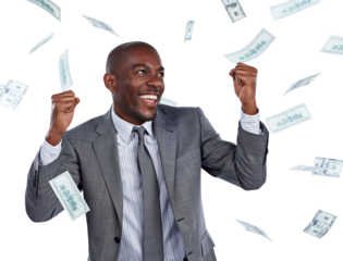 Businessman, hands and celebrate money rain or happy bonus for lottery, work promotion or isolated transparent png background. Male person, cash reward and winner, company sale prize for wow profit