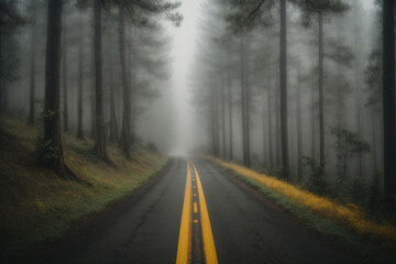 A Road in a dark, foggy forest