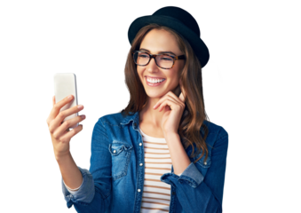 Phone selfie, smile and happy woman with social media on isolated, transparent or png background. Smartphone, profile picture or female fashion influencer with live streaming app, photography or blog
