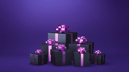 Black gift boxes with pink ribbon on purple background
