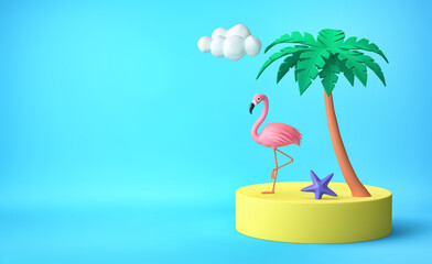 Tropical island with pink flamingo, purple starfish and palm tree. Summer vacation concept