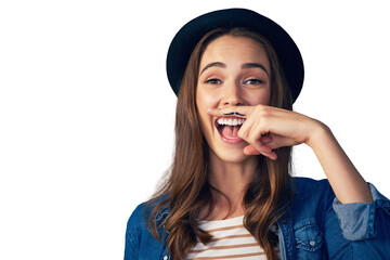 Woman, mustache and portrait with hand, laugh or isolated in face with smile by transparent png...