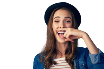 Woman, mustache and portrait with hand, laugh or isolated in face with smile by transparent png background. Girl, excited or happy for retro fashion for emoji, joke or comic art on finger for beard
