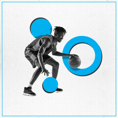 Contemporary art collage. African-American man in monochrome filter do slam dunk against white background with blue geometry figures, circles. © Lustre Art Group 