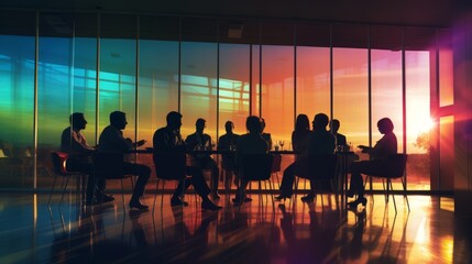 Silhouettes of people in a meeting room with window behind them
