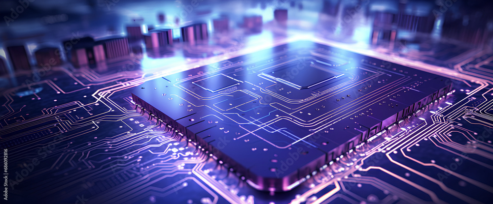 Fototapete close-up view of a modern gpu card with circuit and colorful lights and details 3d rendering