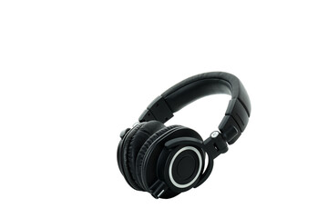 PNG, black, on-ear headphones isolated on white background.