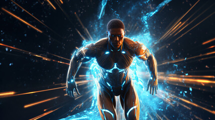 A futuristic man running through a glowing loop