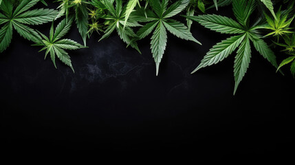 Marijuana cannabis leaves on the top of rustic black background with copy space
