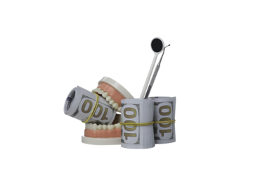 PNG, Decorative jaw with cash money and dental instruments, isolated on white background