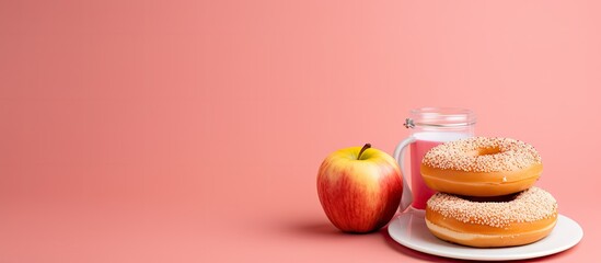 Woman on scale with donut and apple, showing unhealthy food. Healthy diet, lifestyle, weight loss. Obesity. Top view.
