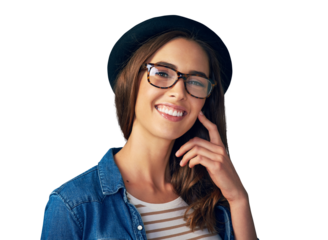 Fashion, glasses or portrait of happy woman with hat on isolated, transparent or png background. Smile, face or fashionable model with casual style, outfit or clothes, confidence or positive attitude
