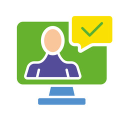 Man with check mark in speech bubble. Approved, computer, agreement, agree, conference, communication, correspondence, business conversation, message, email, text. Colorful icon on white background