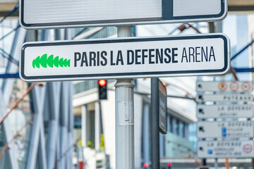 Paris La Defense Arena sign in Nanterre, a western suburb of Paris, France