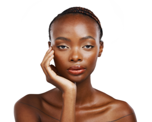 Woman, portrait and serious for aesthetic skincare, natural beauty and dermatology isolated on transparent png background. African model touch face for hygiene, healthy results and collagen cosmetics