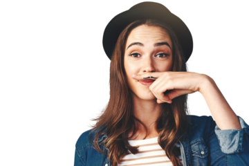 Isolated woman, mustache and finger with portrait, drawing or funny in face by transparent png background. Girl, glasses and retro fashion for comic emoji, joke and art on hand for beard with lips