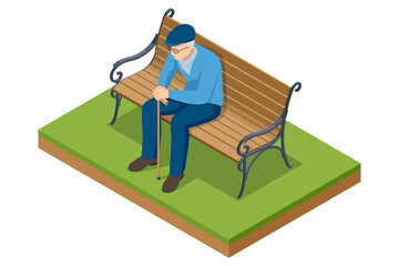 Isometric old man sitting on a bench in the park. Leisure activity, retirement. Grandfather resting in park, fresh air recreation. Old-age pensioner with disabilities.