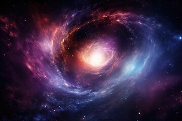 Galaxy deep space portraying a distant black hole surrounded by a halo of vibrant cosmic gases.