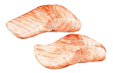 Watercolor fresh salmon steak. Cutting fish. Hand drawn food illustration. For cookbook, packaging, postcards, design menu, signboard,