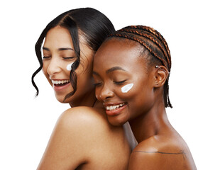 Women, diversity and friends smile with cream on face for skincare, aesthetic cosmetics and...