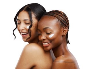 Women, diversity and friends smile with cream on face for skincare, aesthetic cosmetics and isolated on transparent png background. Dermatology, natural beauty and sunscreen lotion for facial shine