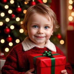Smiling young child holding Christmas present, happy sharing traditional gift