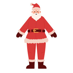 Santa Claus character front view, suitable for animation. Santa in a red suit and hat stands, vector illustration isolated on a white background.