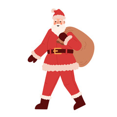 Santa carrying Christmas bag. Christmas character isolated on white background. Santa Claus in a red hat and beard with a bag of gifts.