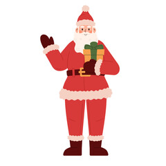 Cute santa holds a gift in his hands. Santa Claus waving greeting hand. Xmas Santa Claus character isolated on white background.