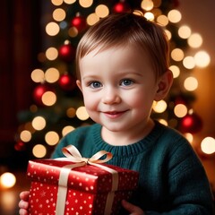 Fototapeta na wymiar Smiling young child holding Christmas present, happy sharing traditional gift